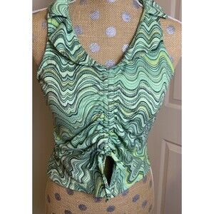 Y2K RUE 21 Tank Top Crop Print Pattern Womens XL Open Front Tie Fitted Fairy